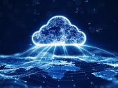 A cloud computing symbol over a network that stretches around the world.