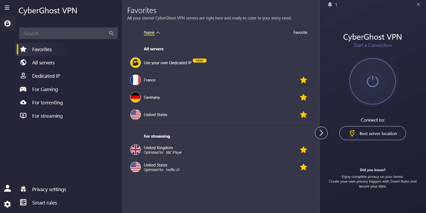 CyberGhost’s Favorites list.