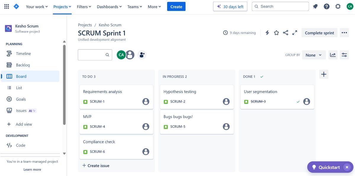 My scrum sprint in Jira Software.