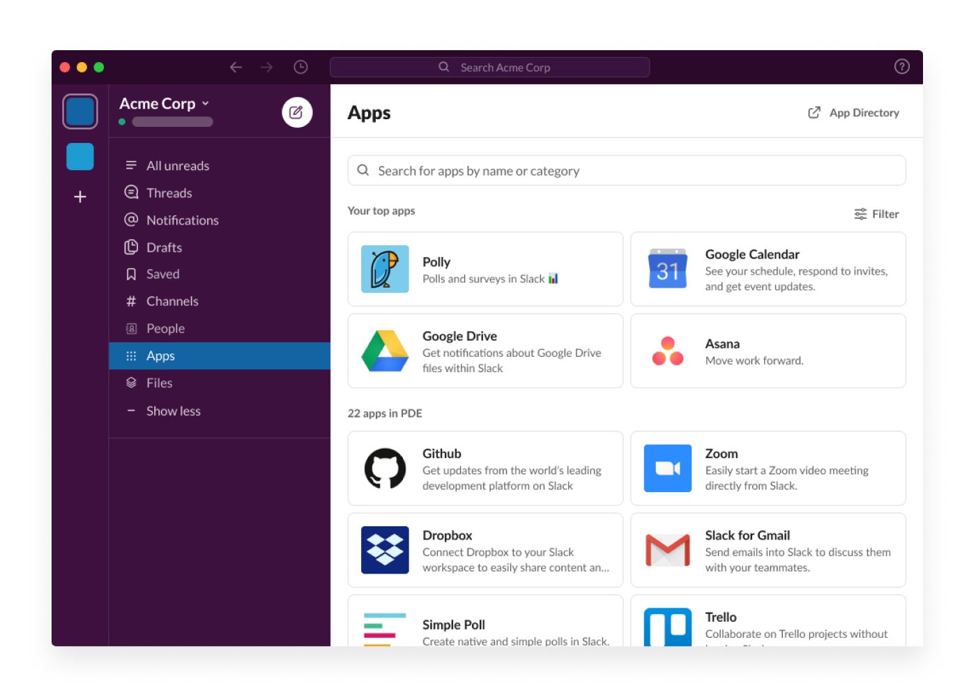 Slack apps dashboard.