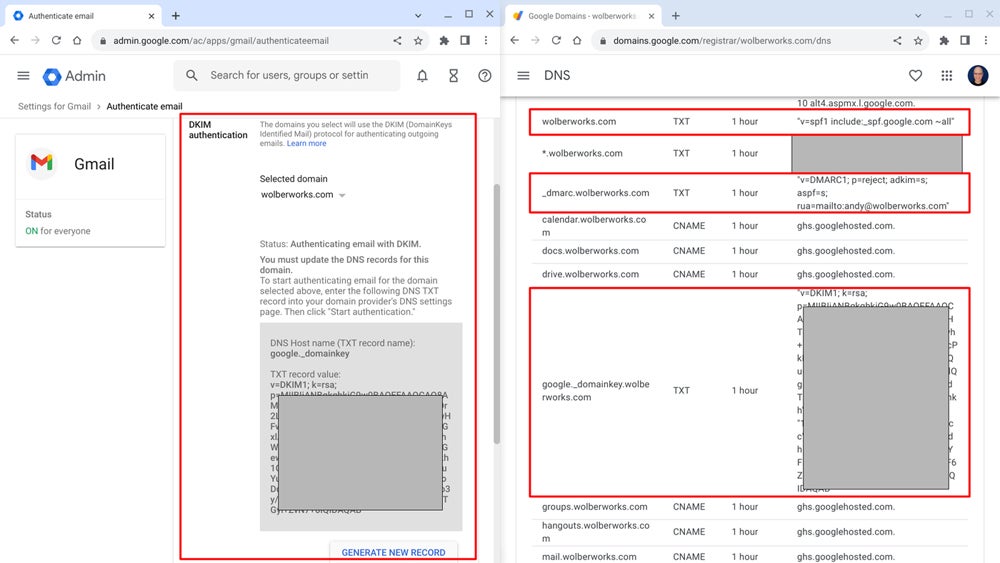 A Google Workspace administrator will need to generate a key within the Admin Console (left) and configure SPF (top right), DMARC (middle right) and DKIM (bottom right) text records in DNS.