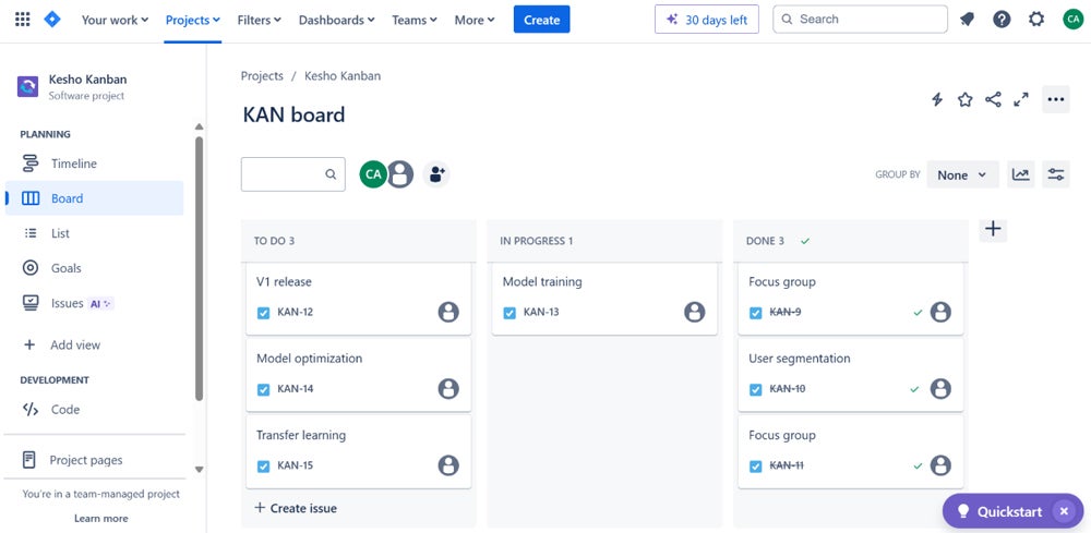 A kanban board in Jira Software.