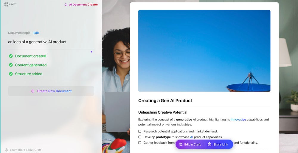 Trying out Craft’s AI document generator directly on their website.