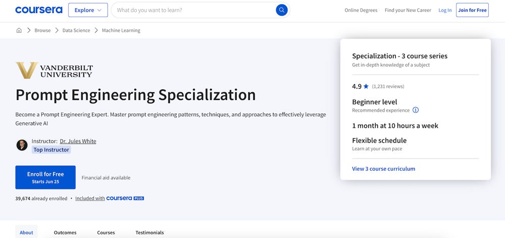 Prompt Engineering Specialization course screnshot.