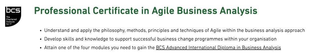 Professional Certificate in Agile Business Analysis course screenshot.