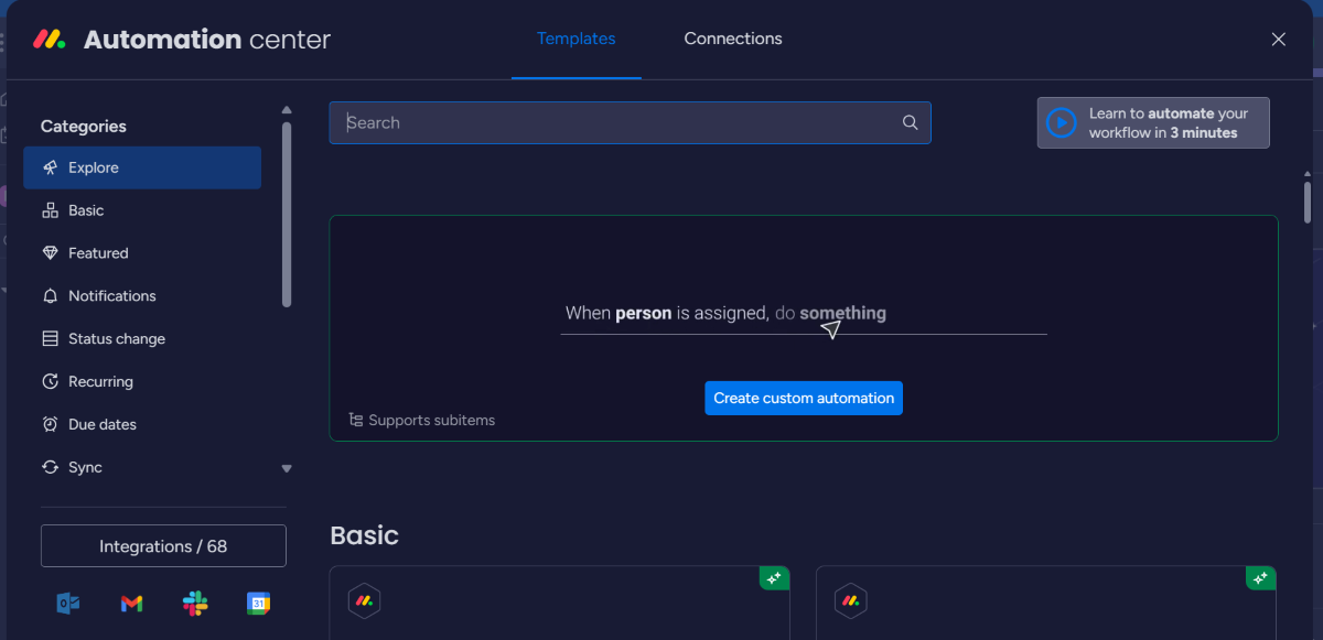 monday.com’s automation center.