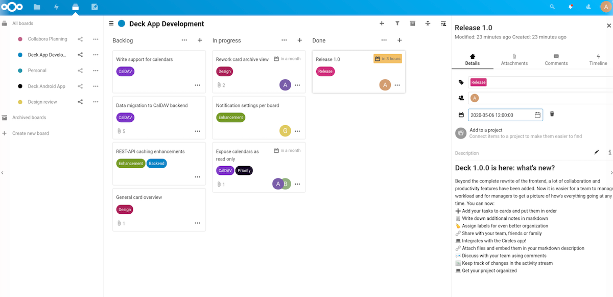 A board view of an app development project in Nexcloud Deck.